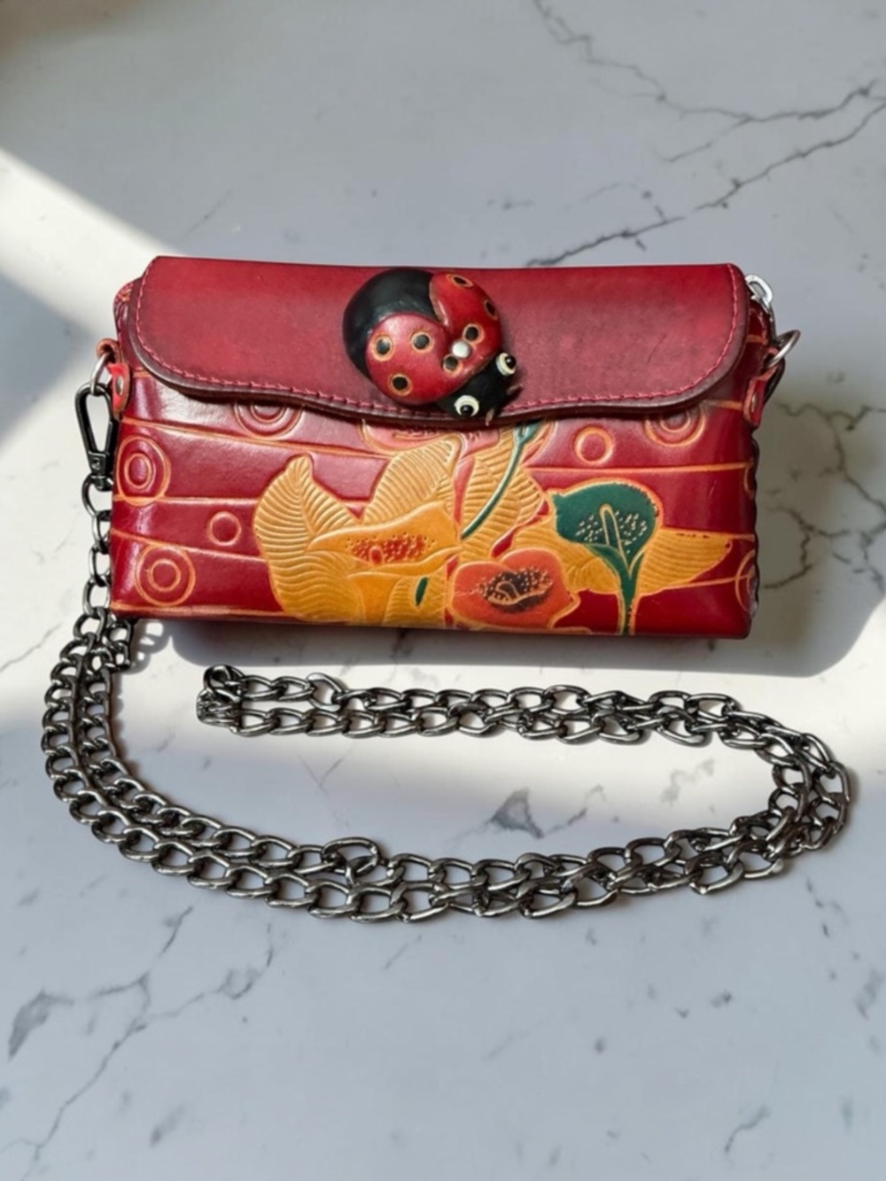 Red Floral Leather Crossbody Wallet with Ladybug Accent
